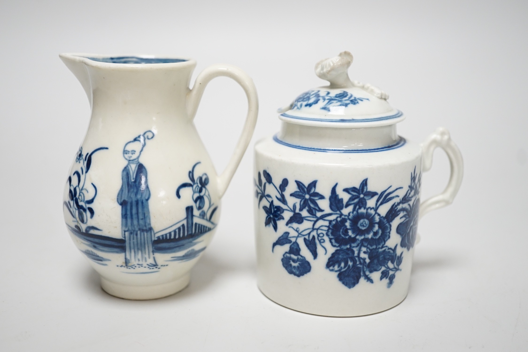 An 18th century Caughley rare sparrowbeak jug painted with the Waiting Chinaman pattern, handle repaired and a Caughley mustard pot and cover with 'Three Flowers', jug 9cms high